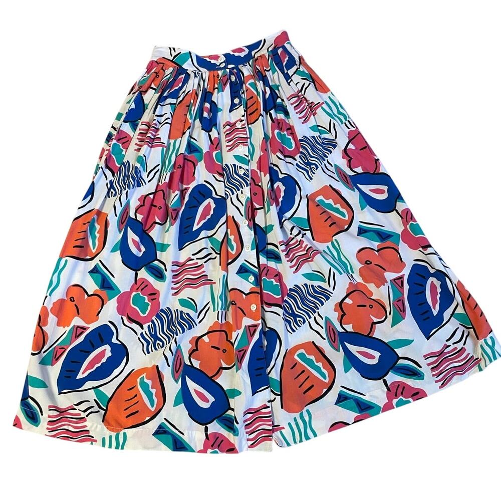 VTG Genesis Retro Floral Abstract Print Button Up Light Weight Midi Skirt Sz 3/4